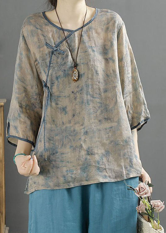 Chinese Style Blue Tasseled Button Patchwork Linen Top Summer LY4127 - fabuloryshop