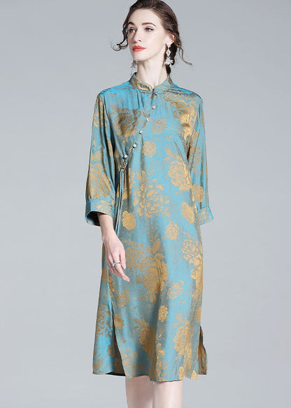 Chinese Style Blue Tasseled Patchwork Jacquard Silk Dresses Spring LY0109 - fabuloryshop