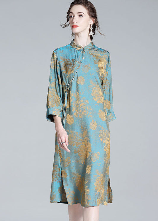 Chinese Style Blue Tasseled Patchwork Jacquard Silk Dresses Spring LY0109 - fabuloryshop