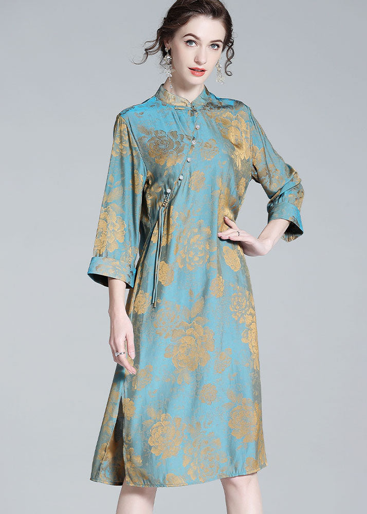 Chinese Style Blue Tasseled Patchwork Jacquard Silk Dresses Spring LY0109 - fabuloryshop