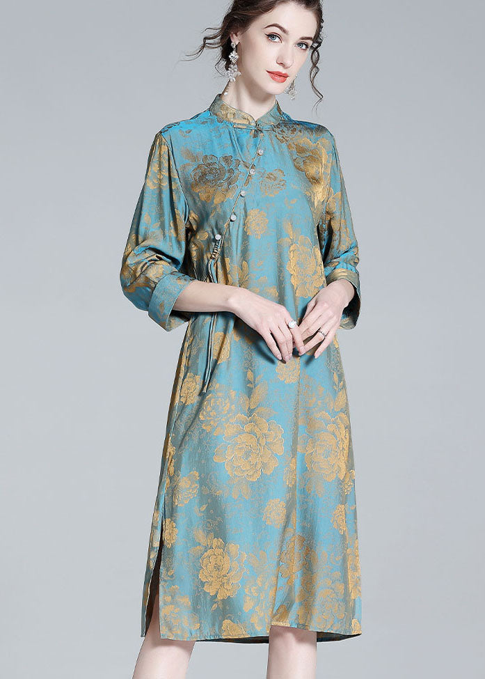 Chinese Style Blue Tasseled Patchwork Jacquard Silk Dresses Spring LY0109 - fabuloryshop