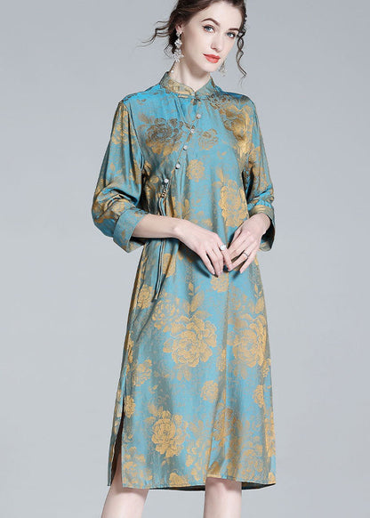 Chinese Style Blue Tasseled Patchwork Jacquard Silk Dresses Spring LY0109 - fabuloryshop