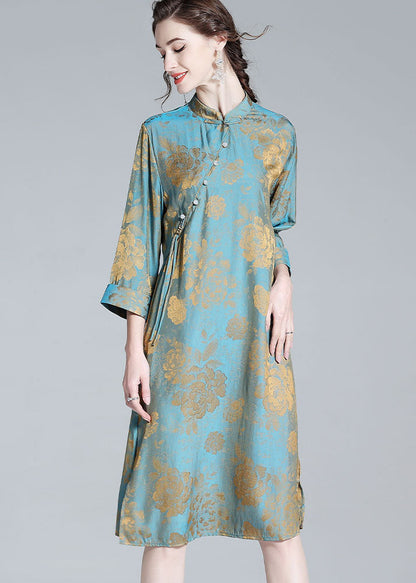 Chinese Style Blue Tasseled Patchwork Jacquard Silk Dresses Spring LY0109 - fabuloryshop