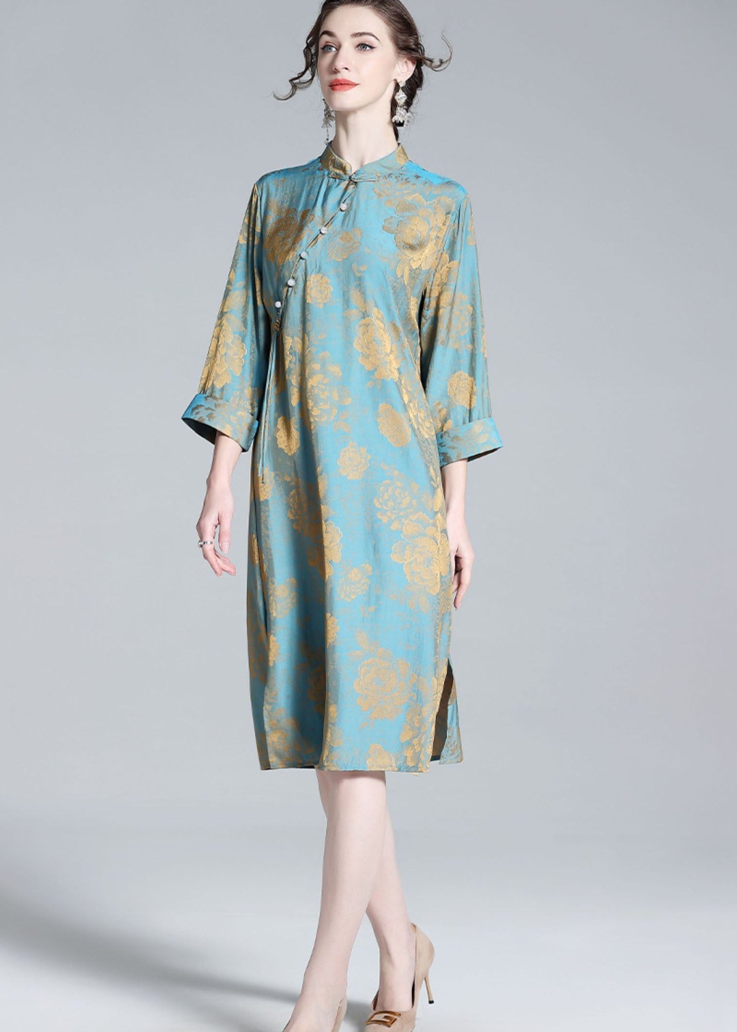 Chinese Style Blue Tasseled Patchwork Jacquard Silk Dresses Spring LY0109 - fabuloryshop