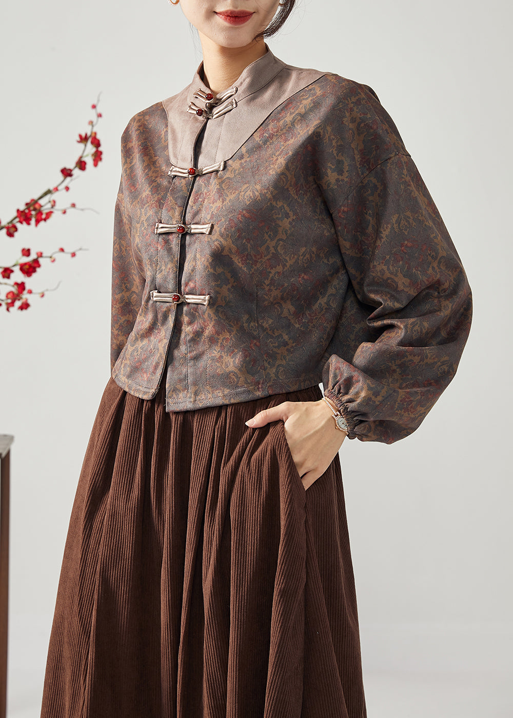 Chinese Style Brown Stand Collar Patchwork Chinese Button Silk Jacket Spring LC0381 - fabuloryshop
