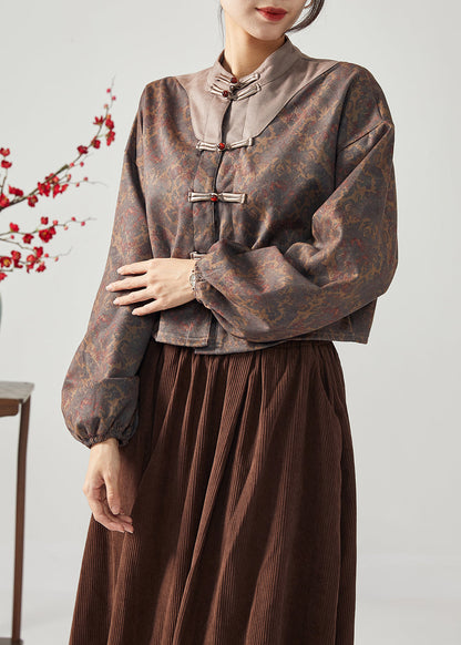 Chinese Style Brown Stand Collar Patchwork Chinese Button Silk Jacket Spring LC0381 - fabuloryshop