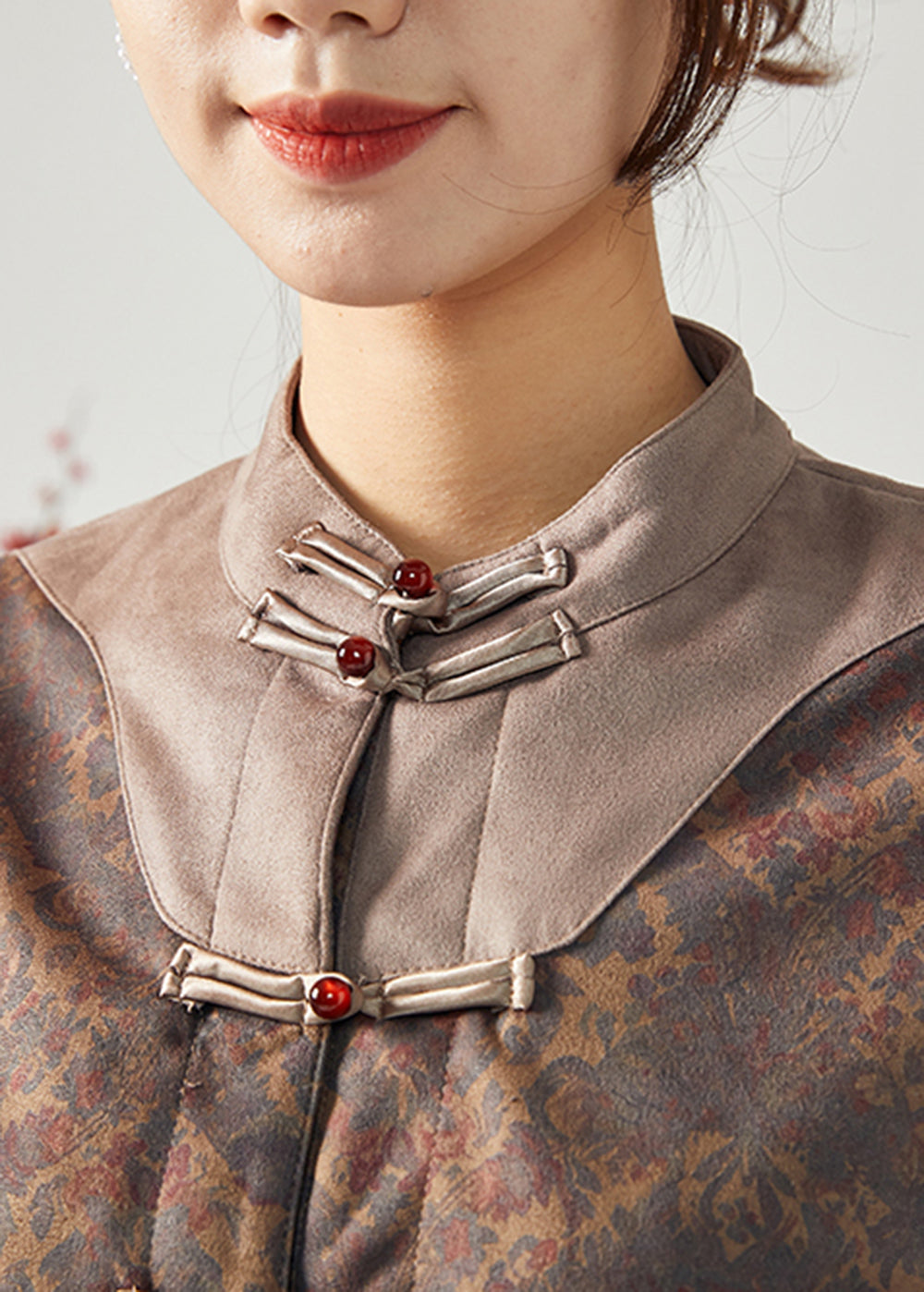 Chinese Style Brown Stand Collar Patchwork Chinese Button Silk Jacket Spring LC0381 - fabuloryshop