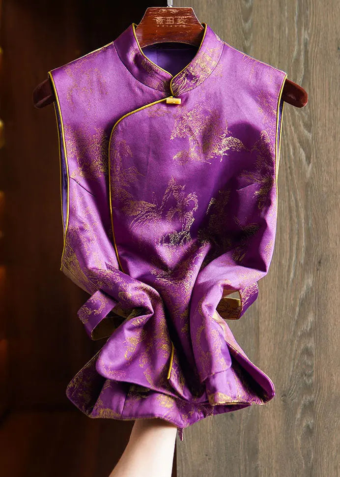 Chinese Style Casual Purple Stand Collar Print Patchwork Tie Waist Warm Silk Cotton Waistcoat Fall Ada Fashion