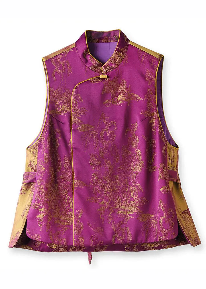 Chinese Style Casual Purple Stand Collar Print Patchwork Tie Waist Warm Silk Cotton Waistcoat Fall Ada Fashion