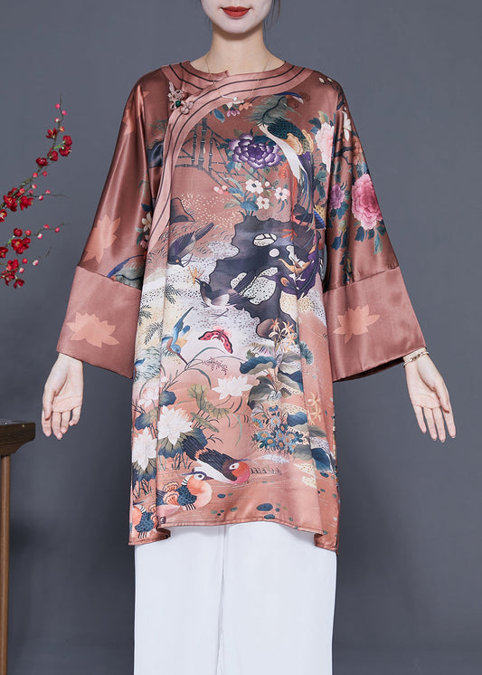 Chinese Style Coffee Chinese Button Print Silk Dress Spring LY4827 - fabuloryshop