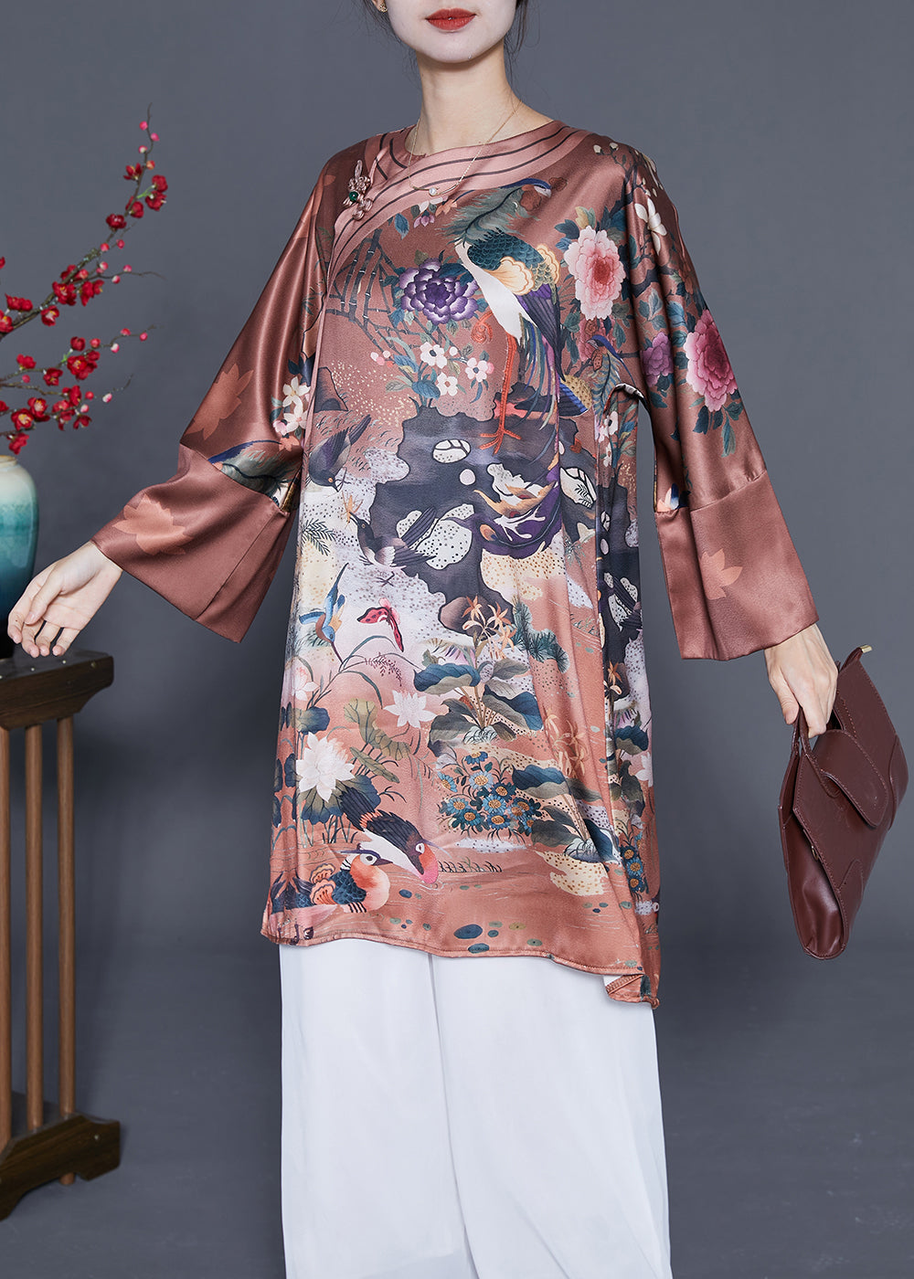 Chinese Style Coffee Chinese Button Print Silk Dress Spring LY4827 - fabuloryshop