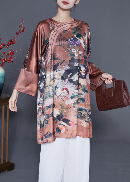 Chinese Style Coffee Chinese Button Print Silk Dress Spring LY4827 - fabuloryshop