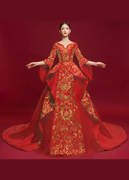 Chinese Style Embroidered Cheongsam Red Tail Evening Dress Ada Fashion