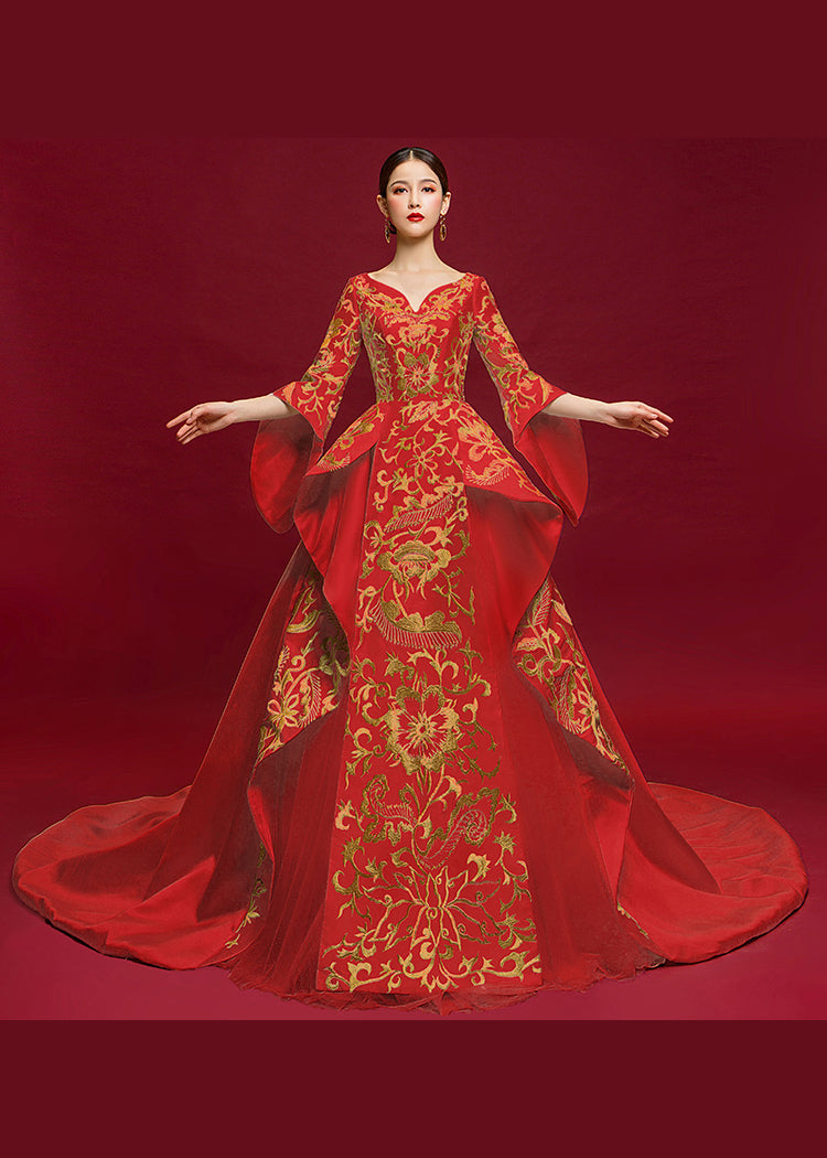 Chinese Style Embroidered Cheongsam Red Tail Evening Dress Ada Fashion