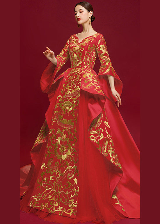 Chinese Style Embroidered Cheongsam Red Tail Evening Dress Ada Fashion