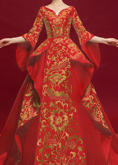 Chinese Style Embroidered Cheongsam Red Tail Evening Dress Ada Fashion