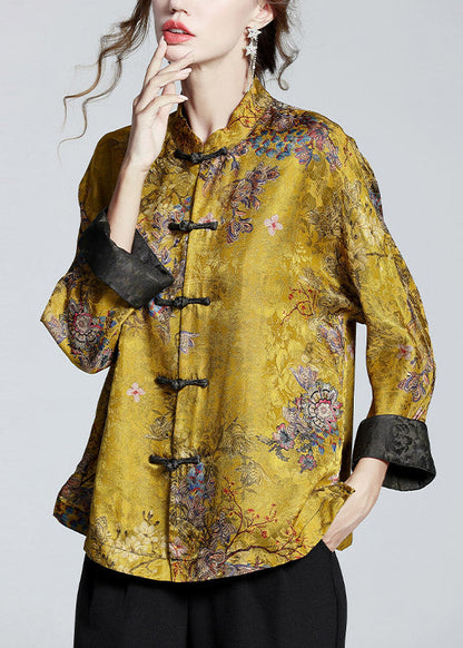 Chinese Style Print4 Stand Collar Button Print Silk Coats Long Sleeve Ada Fashion