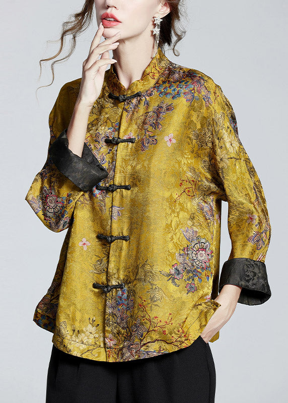 Chinese Style Print2 Stand Collar Button Print Silk Coats Long Sleeve Ada Fashion