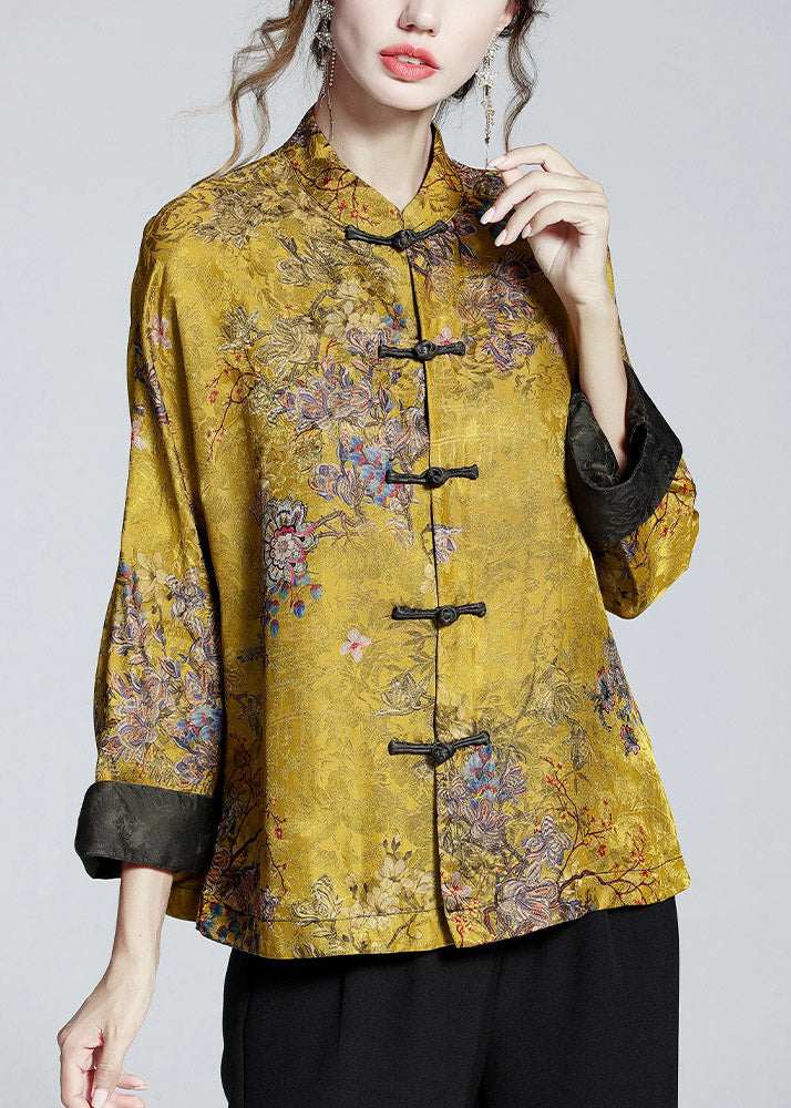 Chinese Style Print4 Stand Collar Button Print Silk Coats Long Sleeve Ada Fashion