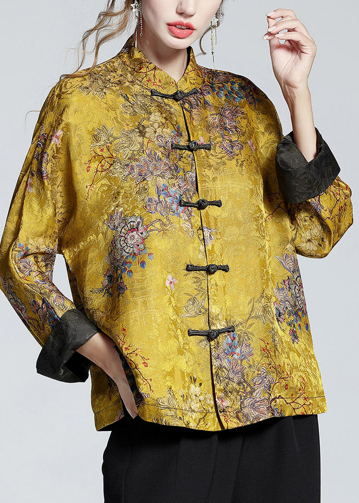 Chinese Style Print4 Stand Collar Button Print Silk Coats Long Sleeve Ada Fashion