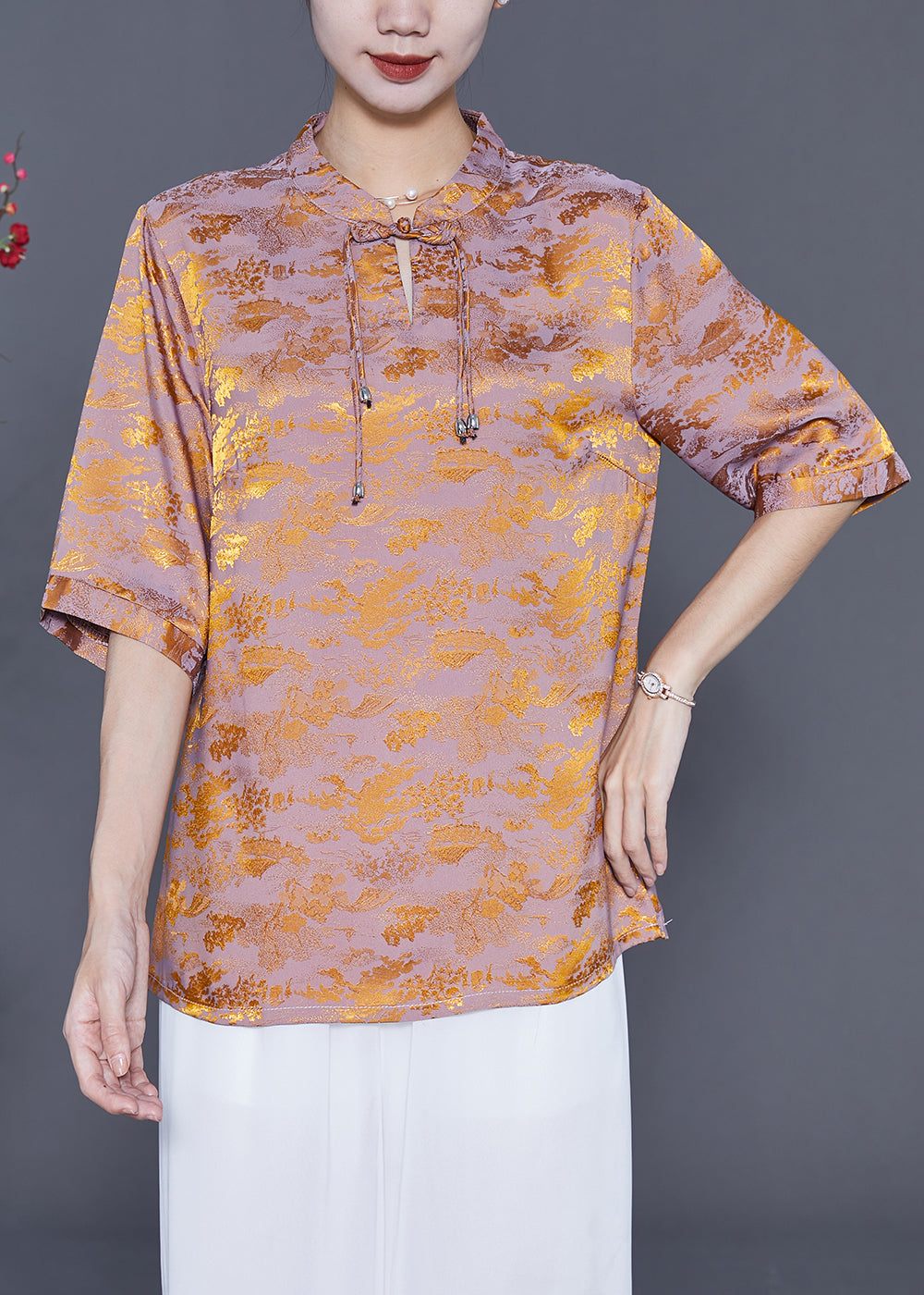 Chinese Style Golden Purple Mandarin Collar Tassel Print Silk Shirts Summer LY5426 - fabuloryshop