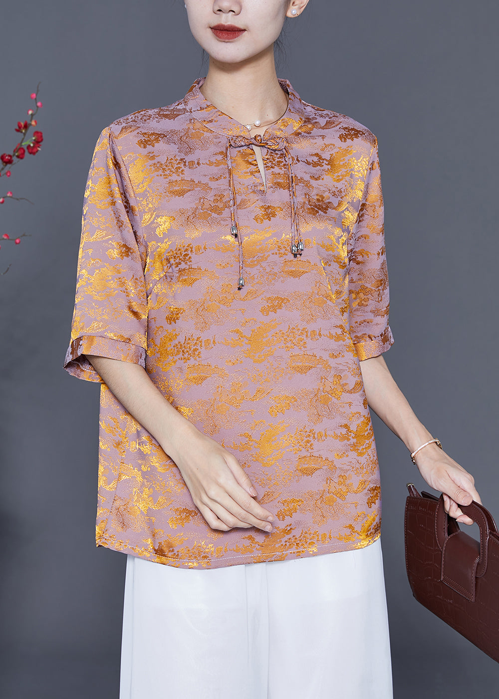 Chinese Style Golden Purple Mandarin Collar Tassel Print Silk Shirts Summer LY5426 - fabuloryshop