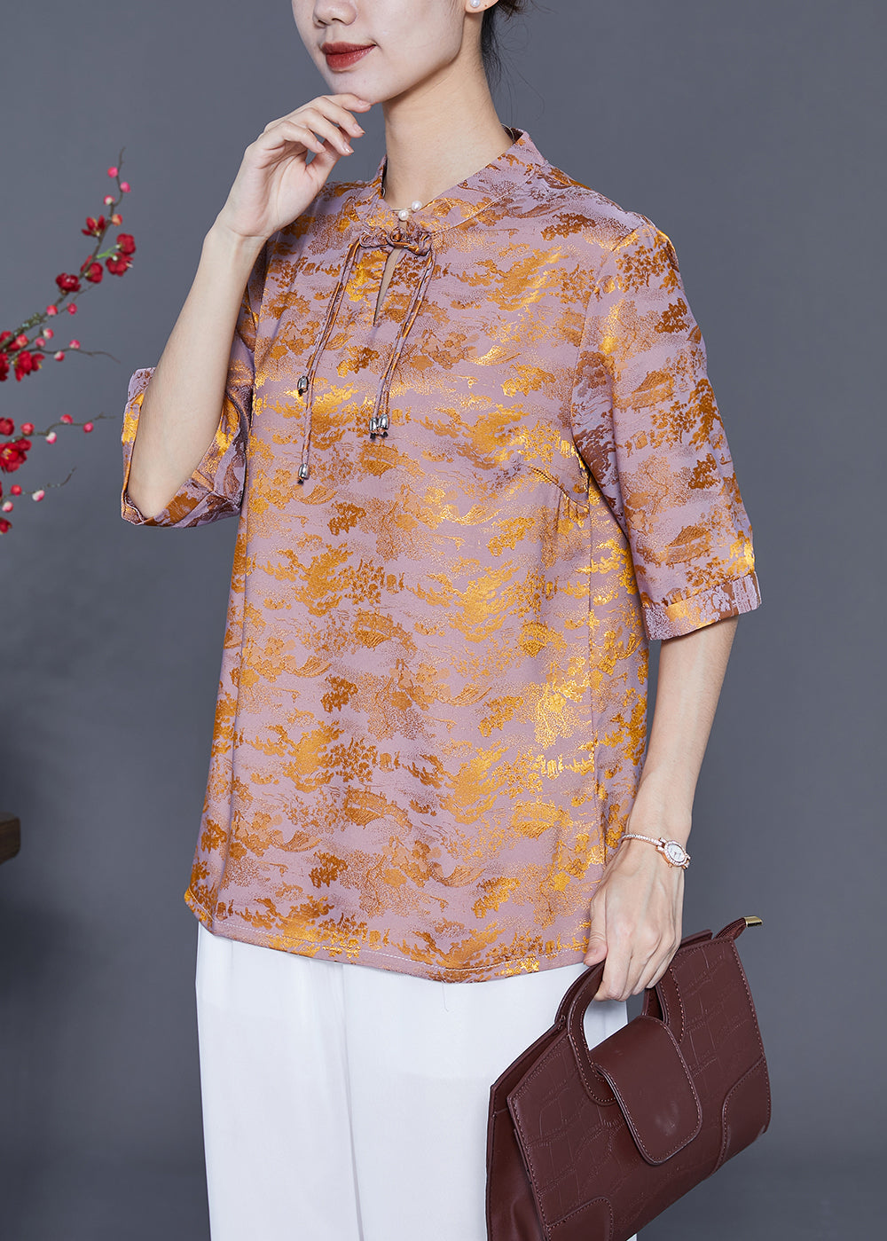 Chinese Style Golden Purple Mandarin Collar Tassel Print Silk Shirts Summer LY5426 - fabuloryshop