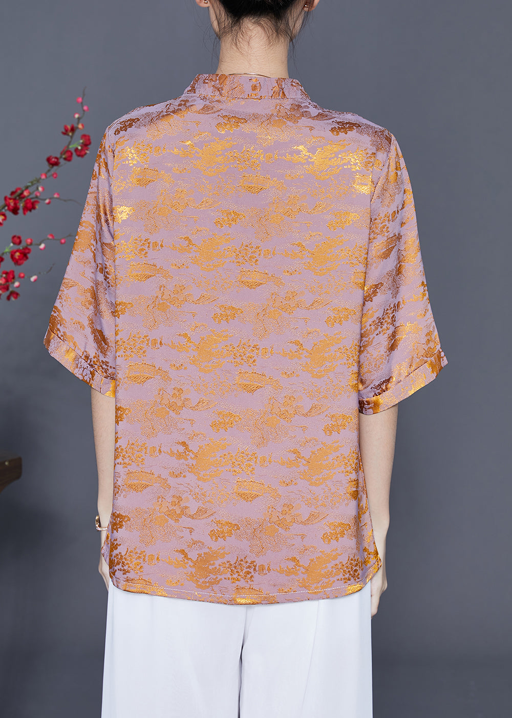 Chinese Style Golden Purple Mandarin Collar Tassel Print Silk Shirts Summer LY5426 - fabuloryshop