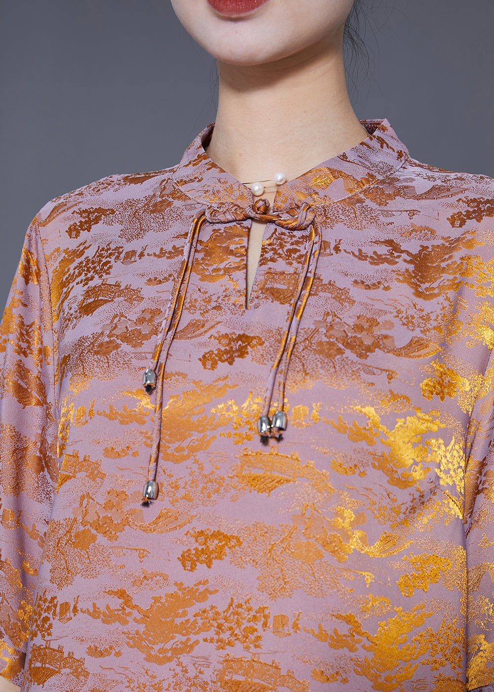 Chinese Style Golden Purple Mandarin Collar Tassel Print Silk Shirts Summer LY5426 - fabuloryshop