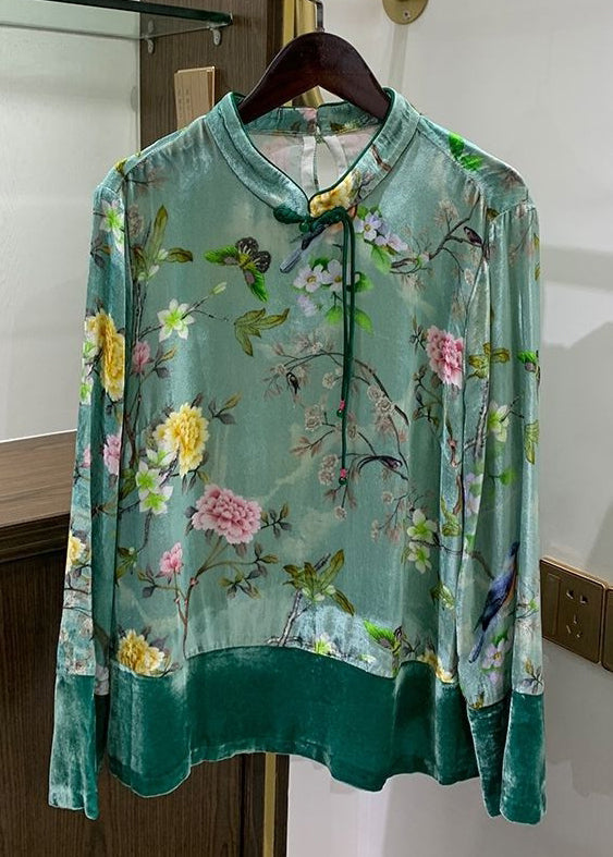 Chinese Style Green Button Print Patchwork Silk Velour Shirts Fall Ada Fashion