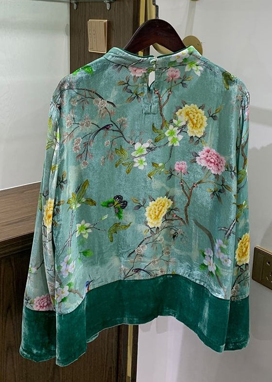 Chinese Style Green Button Print Patchwork Silk Velour Shirts Fall Ada Fashion