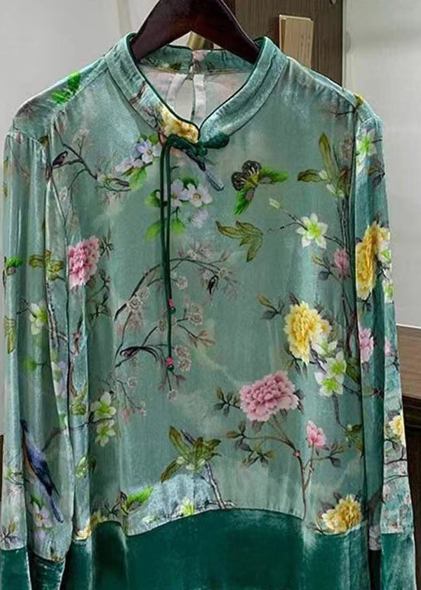 Chinese Style Green Button Print Patchwork Silk Velour Shirts Fall Ada Fashion