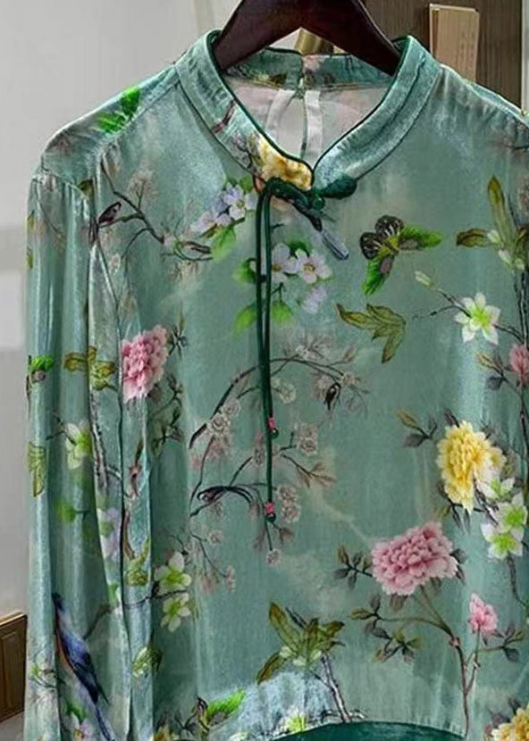 Chinese Style Green Button Print Patchwork Silk Velour Shirts Fall Ada Fashion