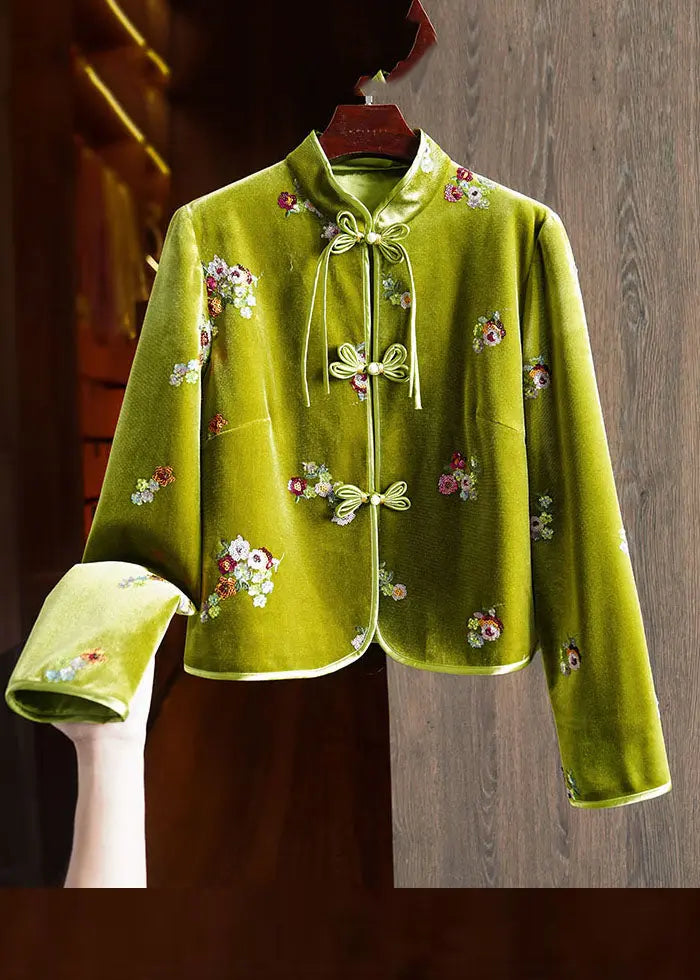 Chinese Style Green Embroideried Button Silk Velour Coats Long Sleeve Ada Fashion