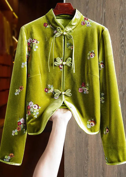 Chinese Style Green Embroideried Button Silk Velour Coats Long Sleeve Ada Fashion