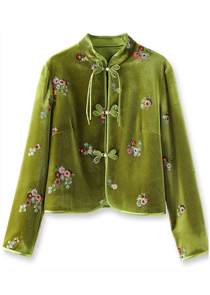 Chinese Style Green Embroideried Button Silk Velour Coats Long Sleeve Ada Fashion