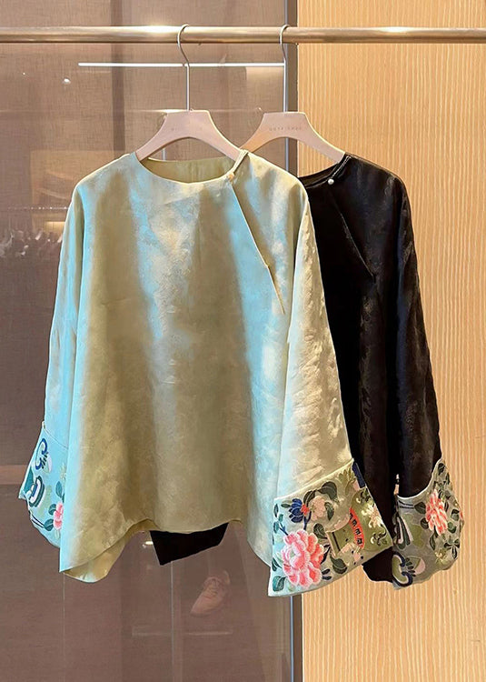 Chinese Style Green Embroideried Patchwork Silk Shirts Fall Ada Fashion