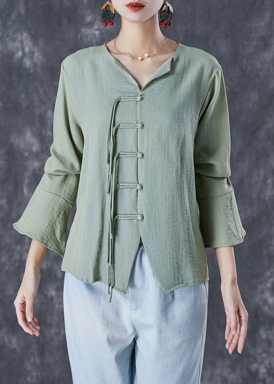 Chinese Style Green Grey Tasseled Linen Shirt Top Flare Sleeve LY7091 - fabuloryshop