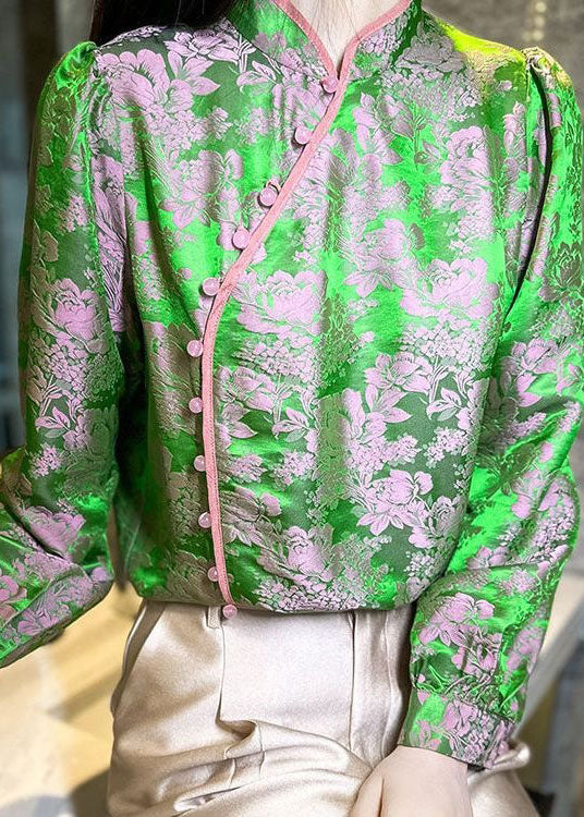 Chinese Style Green Jacquard Oriental Button Patchwork Silk Shirts Spring LY4631 - fabuloryshop