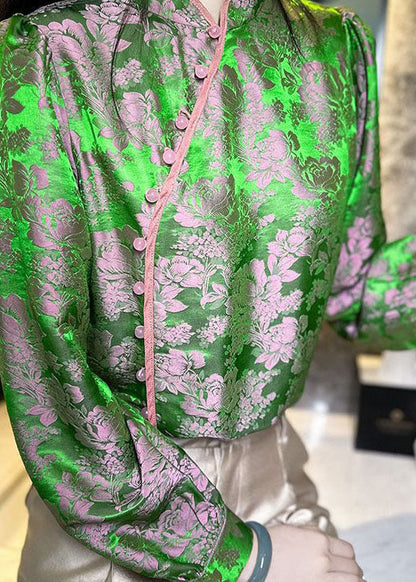 Chinese Style Green Jacquard Oriental Button Patchwork Silk Shirts Spring LY4631 - fabuloryshop