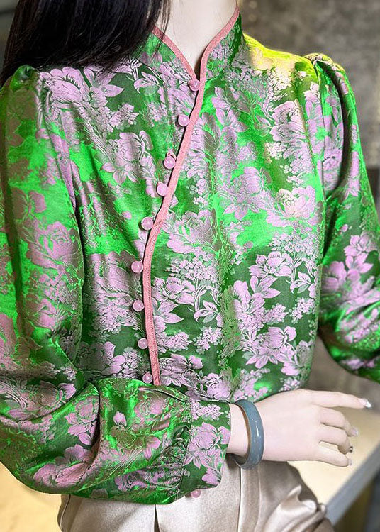 Chinese Style Green Jacquard Oriental Button Patchwork Silk Shirts Spring LY4631 - fabuloryshop