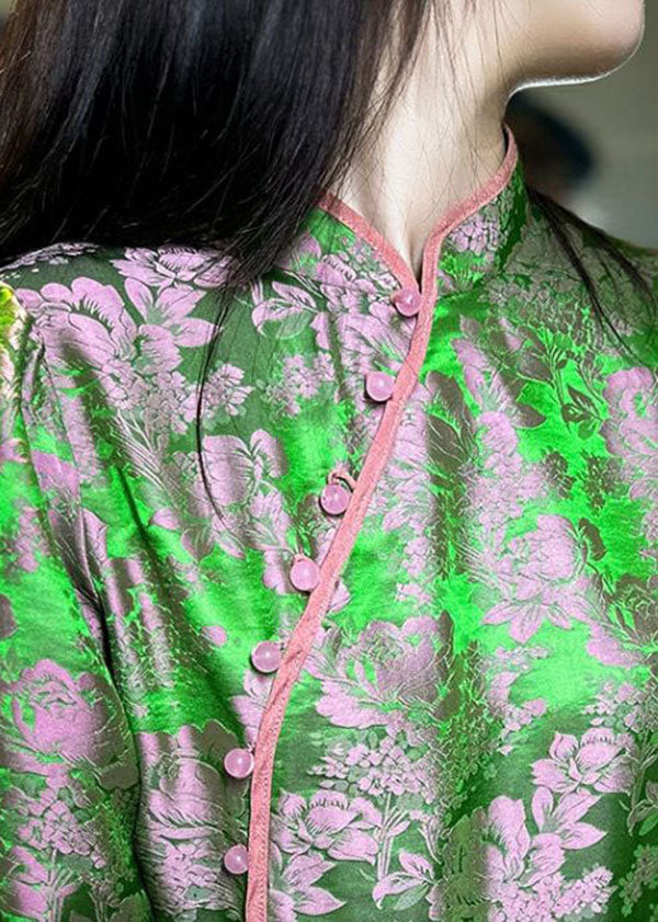 Chinese Style Green Jacquard Oriental Button Patchwork Silk Shirts Spring LY4631 - fabuloryshop