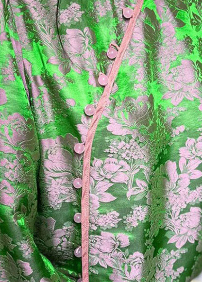 Chinese Style Green Jacquard Oriental Button Patchwork Silk Shirts Spring LY4631 - fabuloryshop