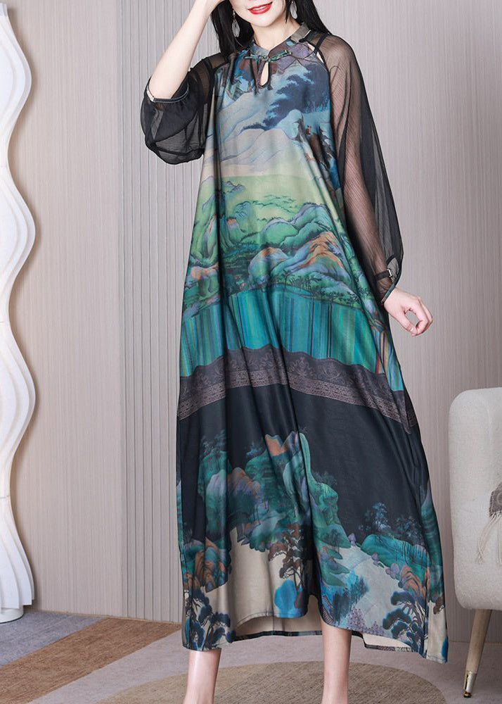 Chinese Style Green Mandarin Collar Print Hollow Out Silk Dresses Summer LY3755 - fabuloryshop