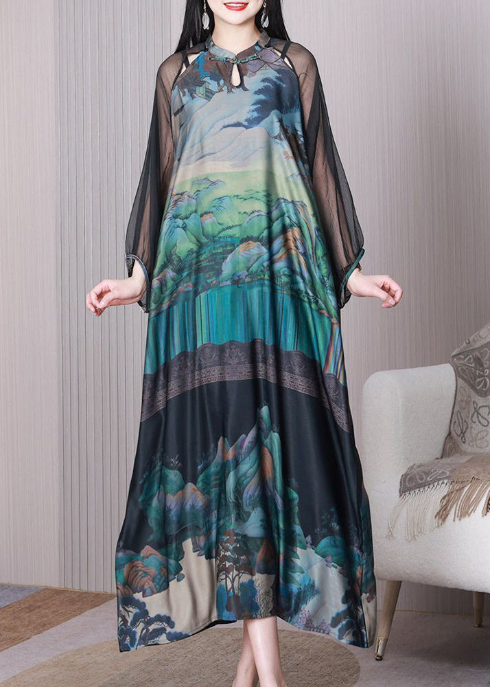 Chinese Style Green Mandarin Collar Print Hollow Out Silk Dresses Summer LY3755 - fabuloryshop