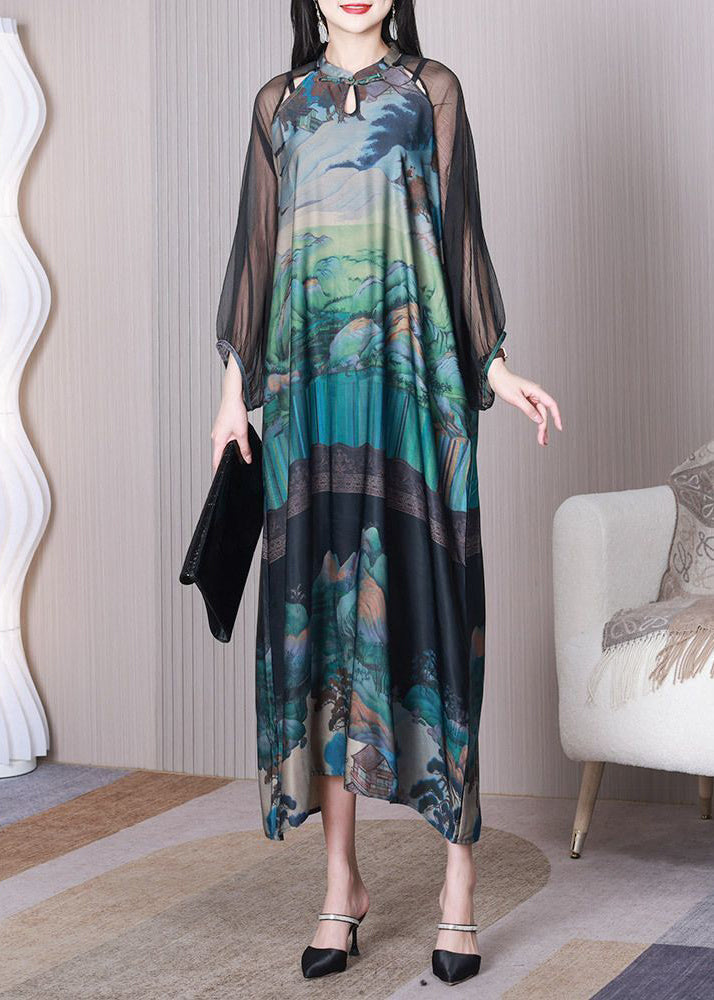 Chinese Style Green Mandarin Collar Print Hollow Out Silk Dresses Summer LY3755 - fabuloryshop