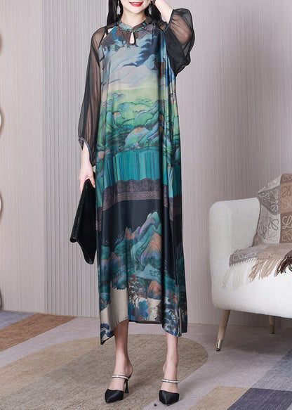 Chinese Style Green Mandarin Collar Print Hollow Out Silk Dresses Summer LY3755 - fabuloryshop