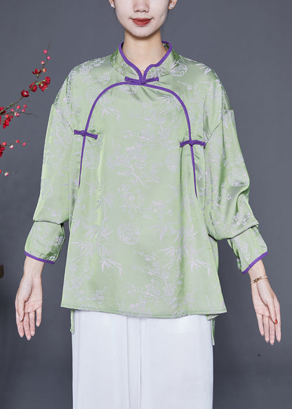 Chinese Style Green Print Chinese Button Silk Shirts Spring Ada Fashion