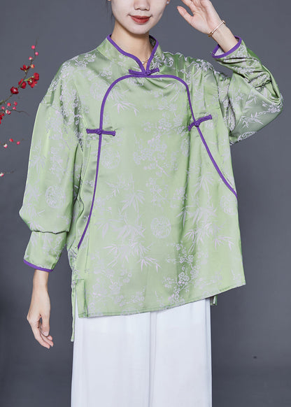 Chinese Style Green Print Chinese Button Silk Shirts Spring Ada Fashion