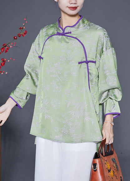 Chinese Style Green Print Chinese Button Silk Shirts Spring Ada Fashion